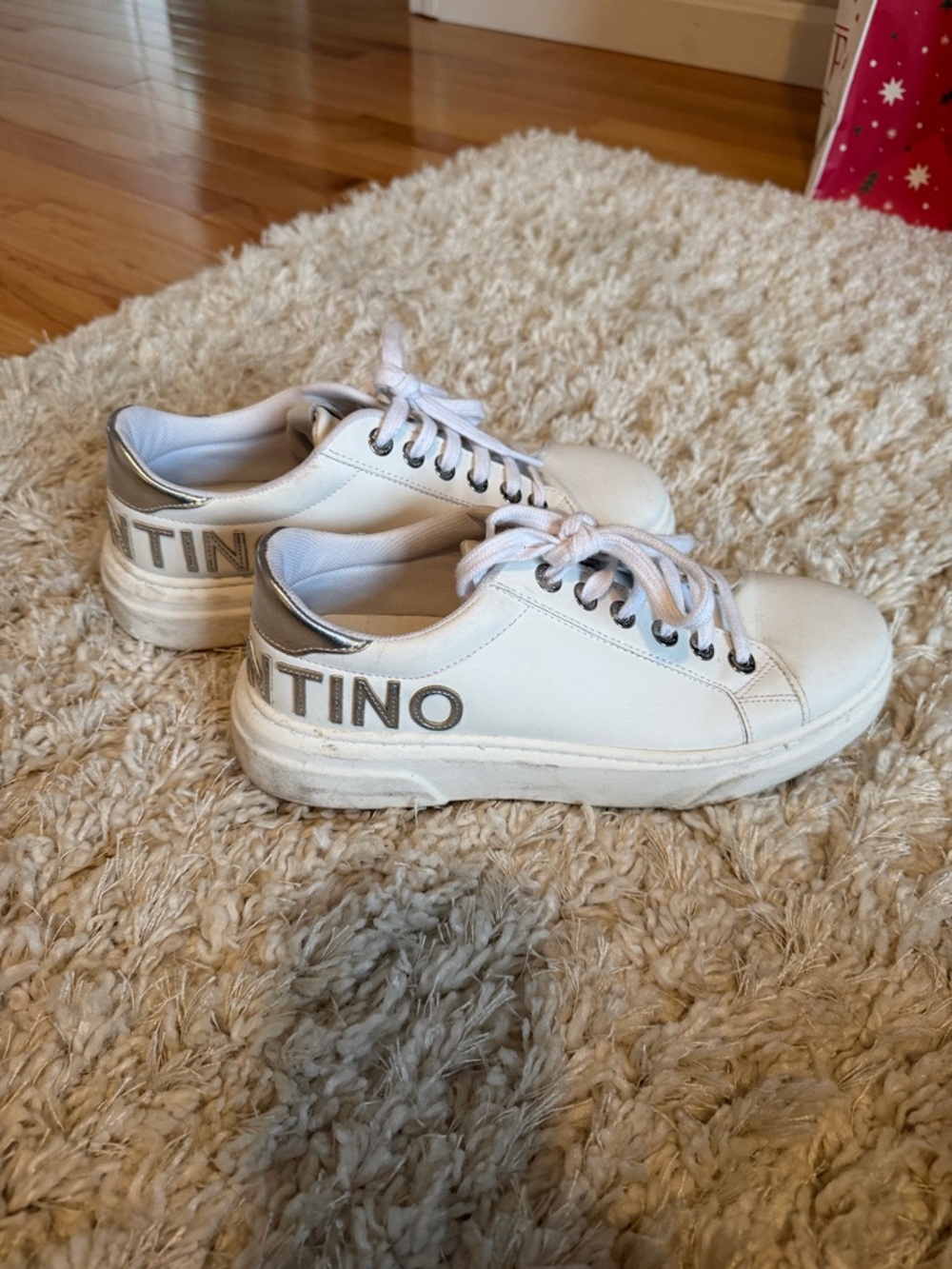 Valentino White Leather Sneakers with Silver Heel Tab and Logo